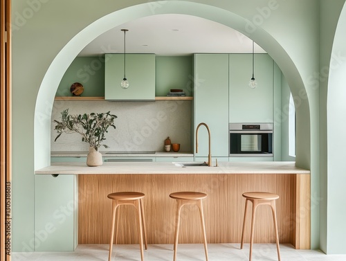 Modern kitchen design featuring archways wooden stools and decor