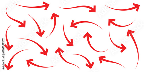 Curved red arrow sign, curved arrows, curved arrow on white background