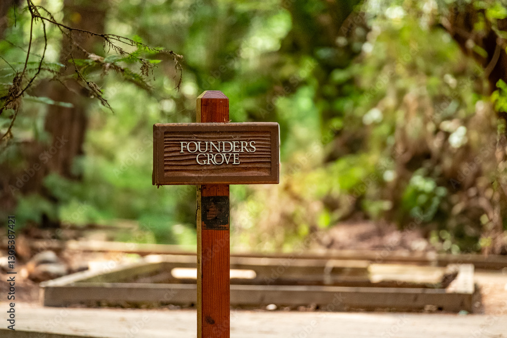 Founders Grove sign marking a historic redwood forest area in Muir Woods National Monument, California Founders Grove sign marking a historic redwood forest area in Muir Woods National Monument, California
