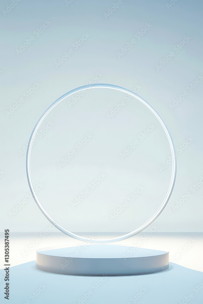 Minimalist image of a circular ring suspended above a round platform against a soft, gradient background. Ideal for showcasing products, abstract concepts, or modern design. Minimalist image of a circular ring suspended above a round platform against a soft, gradient background. Ideal for showcasing products, abstract concepts, or modern design.
