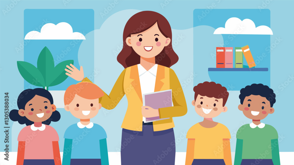 With a warm and friendly demeanor the new teacher made a lasting first impression on her students as she got to know them and introduced herself.. Vector illustration With a warm and friendly demeanor the new teacher made a lasting first impression on her students as she got to know them and introduced herself.. Vector illustration