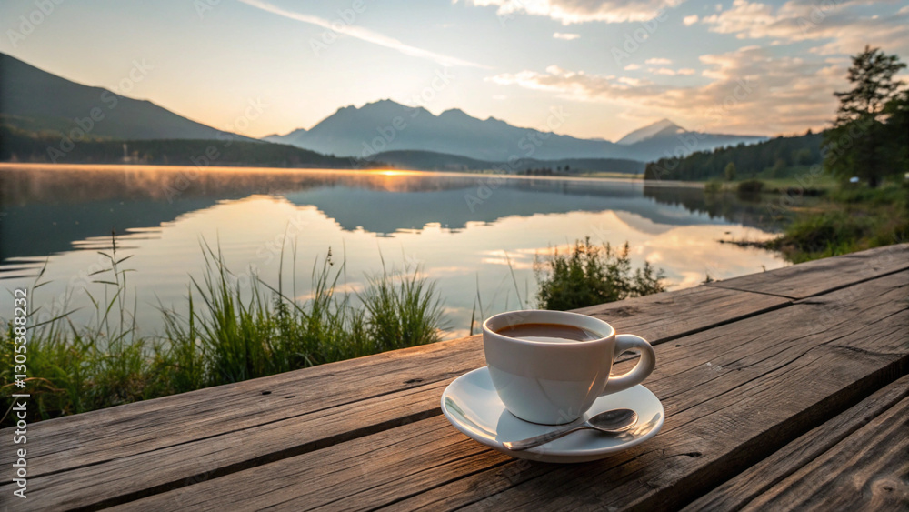 A cup of coffee on a wooden deck by a calm lake, with the reflection of the sunrise on the water and mountains in the distance. A cup of coffee on a wooden deck by a calm lake, with the reflection of the sunrise on the water and mountains in the distance.