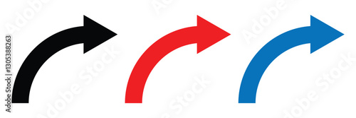 Black, blue and red arrows pointing right. Vector curved arrow icon.