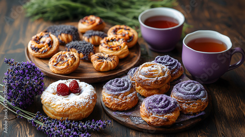 Wallpaper Mural Delicious pastries and tea served on wooden table with lavender flowers. scene evokes cozy atmosphere perfect for relaxing afternoon Torontodigital.ca