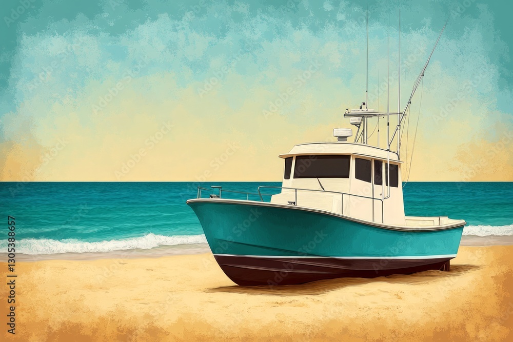 Retro Fishing Boat on Beach at Sunrise Retro Fishing Boat on Beach at Sunrise