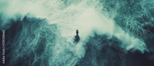 A lighthouse defiantly stands amidst raging waves, emblematic of resilience and hope battling nature’s tumultuous power. photo