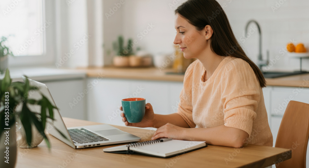 Young caucasian female working on laptop in kitchen with coffee mug Young caucasian female working on laptop in kitchen with coffee mug