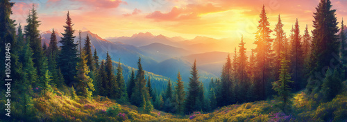 Wallpaper Mural beautiful spring landscape of a green meadow on a hill with a forest and m Torontodigital.ca