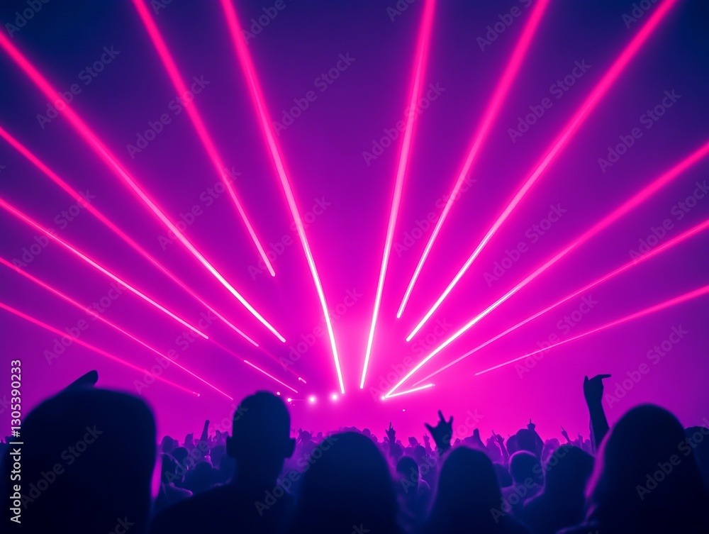 Silhouetted concert crowd, laser beams, vibrant lights, energized atmosphere Silhouetted concert crowd, laser beams, vibrant lights, energized atmosphere