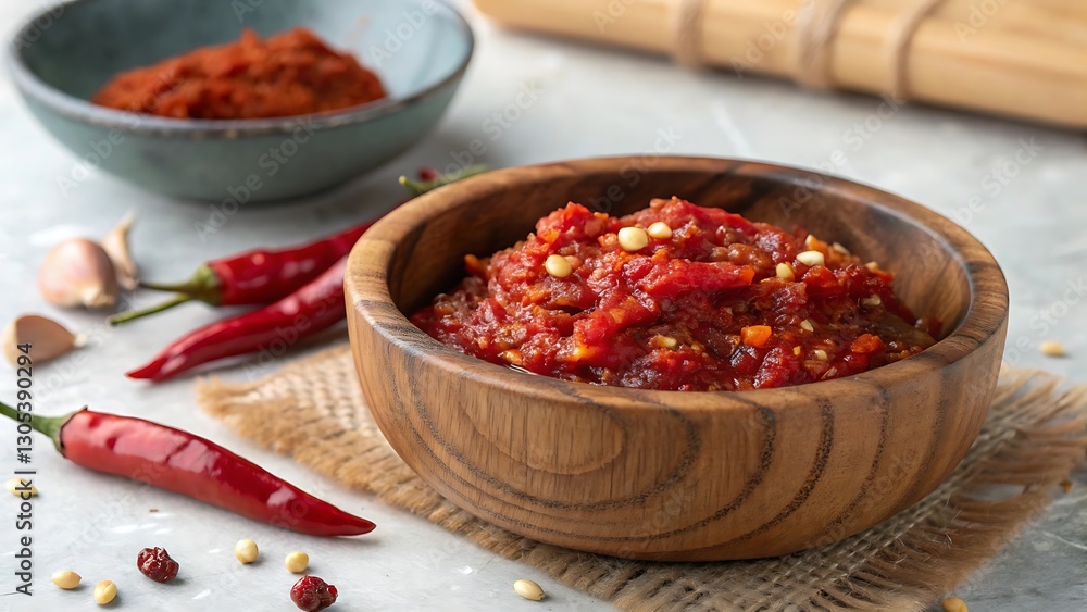 Traditional Chili Paste in a Wooden Bowl Traditional Chili Paste in a Wooden Bowl