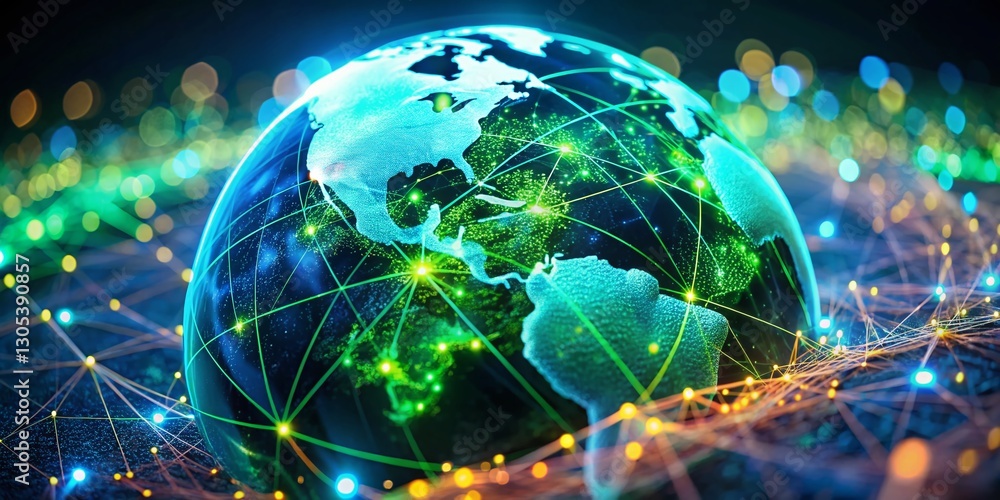 Global Network Technology: Glowing Digital Globe with Tilt-Shift Effect Global Network Technology: Glowing Digital Globe with Tilt-Shift Effect