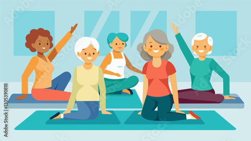Seniors in a nursing home come together for a theutic pilates session gently easing stiff muscles and promoting relaxation and improved circulation.. Vector illustration