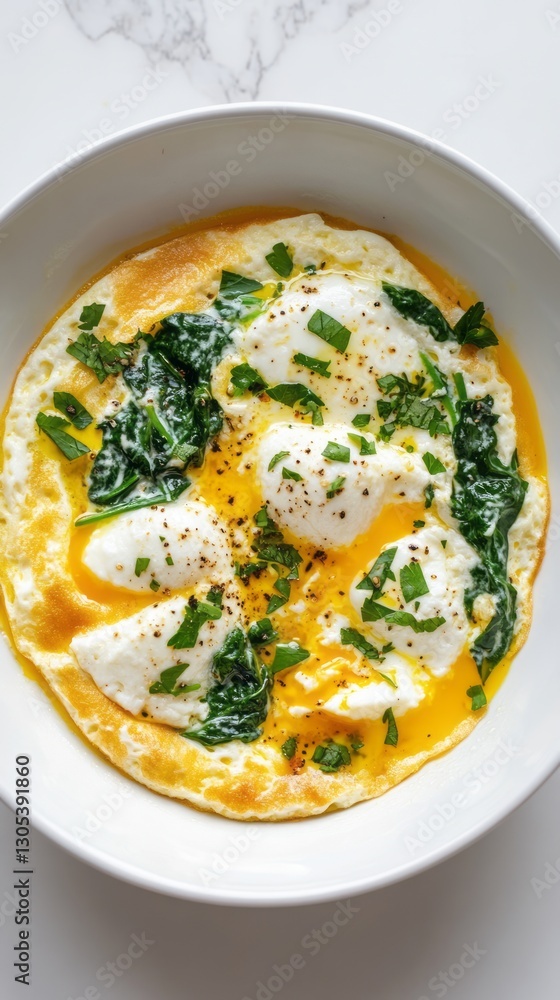 Overhead View of Poached Eggs with Spinach in a White Bowl Overhead View of Poached Eggs with Spinach in a White Bowl