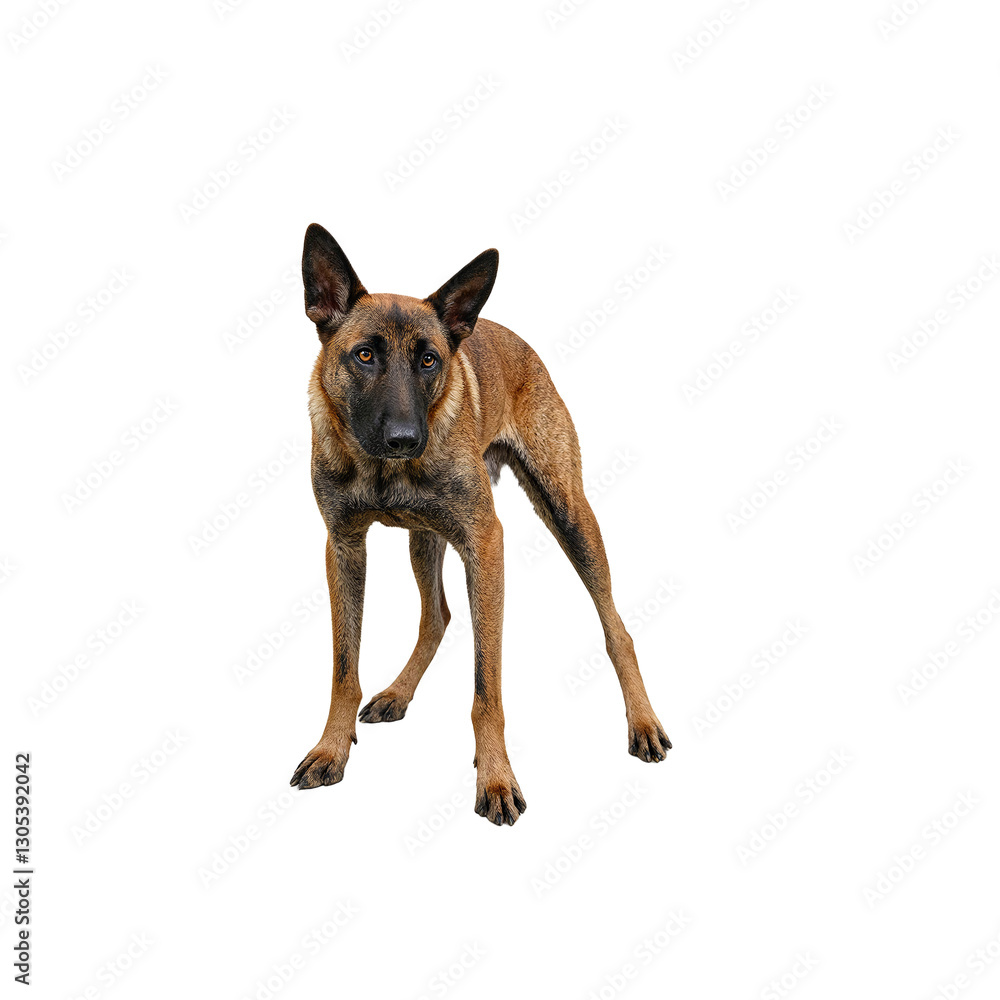 An alert Belgian Malinois with a tan coat emanating courage and loyalty on a crisp white backdrop An alert Belgian Malinois with a tan coat emanating courage and loyalty on a crisp white backdrop