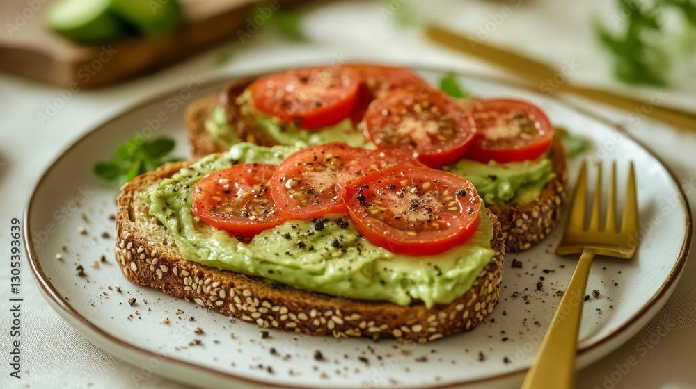 Two Slices of Avocado Toast Topped with Tomatoes on a Plate Two Slices of Avocado Toast Topped with Tomatoes on a Plate