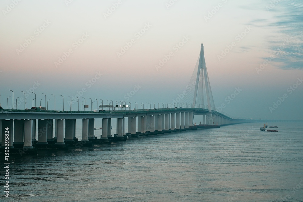 Fototapeta premium Scenic view of Hangzhou Bay Bridge during sunrise in the eastern coastal region of China