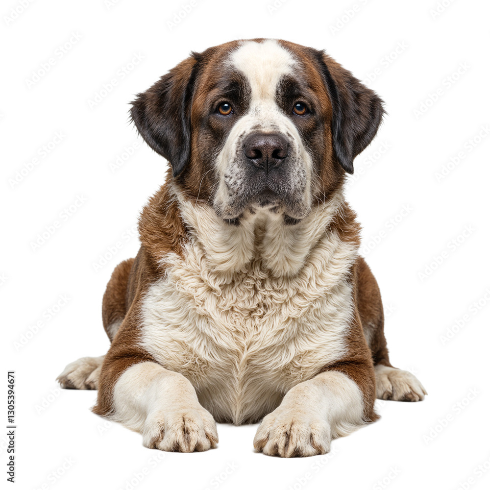 A majestic Saint Bernard with a thick droopy face and fluffy coat exuding a gentle demeanor set against a clean white backdrop A majestic Saint Bernard with a thick droopy face and fluffy coat exuding a gentle demeanor set against a clean white backdrop