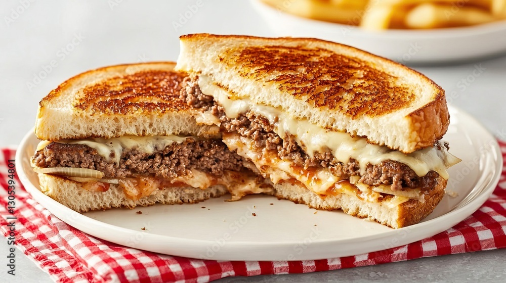 Grilled Cheese Sandwich with Juicy Ground Beef and Melted Cheese on Plate with French Fries Grilled Cheese Sandwich with Juicy Ground Beef and Melted Cheese on Plate with French Fries