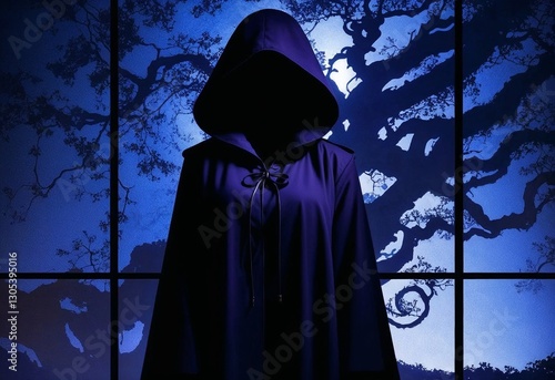 Mystical figure in a dark cloak standing against a backdrop of intricate tree silhouettes