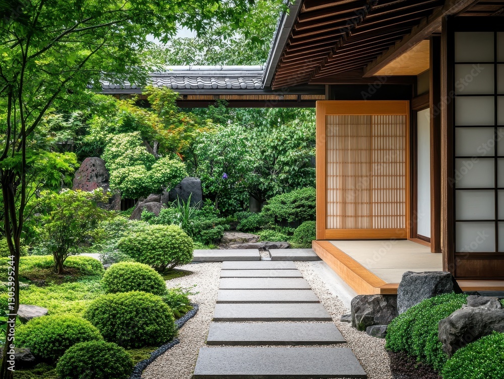 A tranquil japanese garden with pathways and traditional architecture A tranquil japanese garden with pathways and traditional architecture