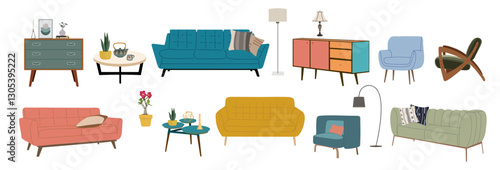 Set of home furniture, interior decor, house plants for living room in mid century style. Armchair, sofa, table, chest of drawers, lamps. Flat vector illustrations isolated 