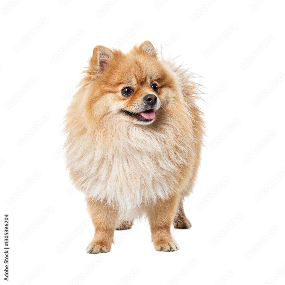 Adorable Pomeranian dog with fluffy coat exuding confidence and playfulness on white background Adorable Pomeranian dog with fluffy coat exuding confidence and playfulness on white background