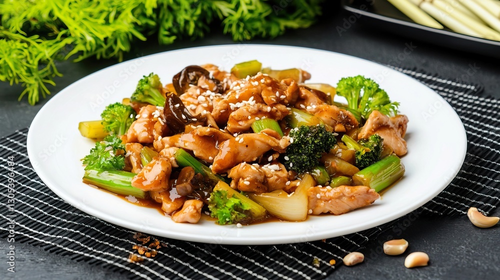 Delicious and Colorful Stir-Fried Chicken with Broccoli and Vegetables on a White Plate Delicious and Colorful Stir-Fried Chicken with Broccoli and Vegetables on a White Plate
