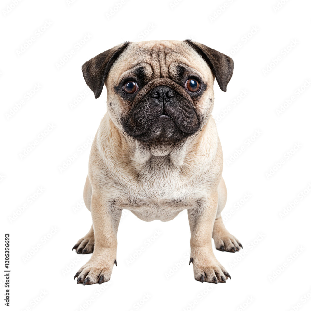Adorable pug with wrinkled face and round eyes exuding charm and playfulness on a white background Adorable pug with wrinkled face and round eyes exuding charm and playfulness on a white background