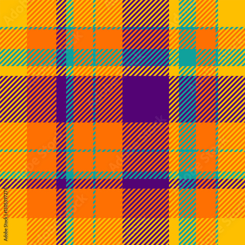 Trendy vector pattern textile, pano plaid background fabric. Volume check texture seamless tartan in bright and golden poppy colors.