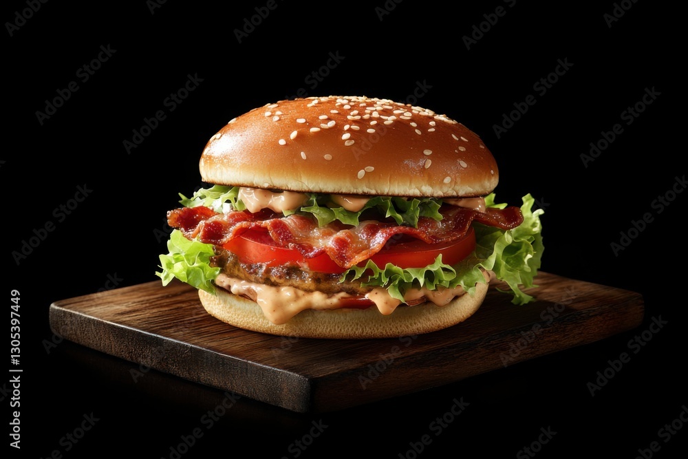 a burger with a beef patty, lettuce, and tomato on a wooden board against a dark background a burger with a beef patty, lettuce, and tomato on a wooden board against a dark background