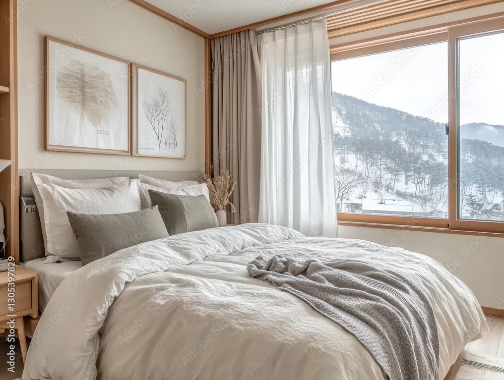 A cozy bedroom with a large window overlooking a wintery landscape A cozy bedroom with a large window overlooking a wintery landscape