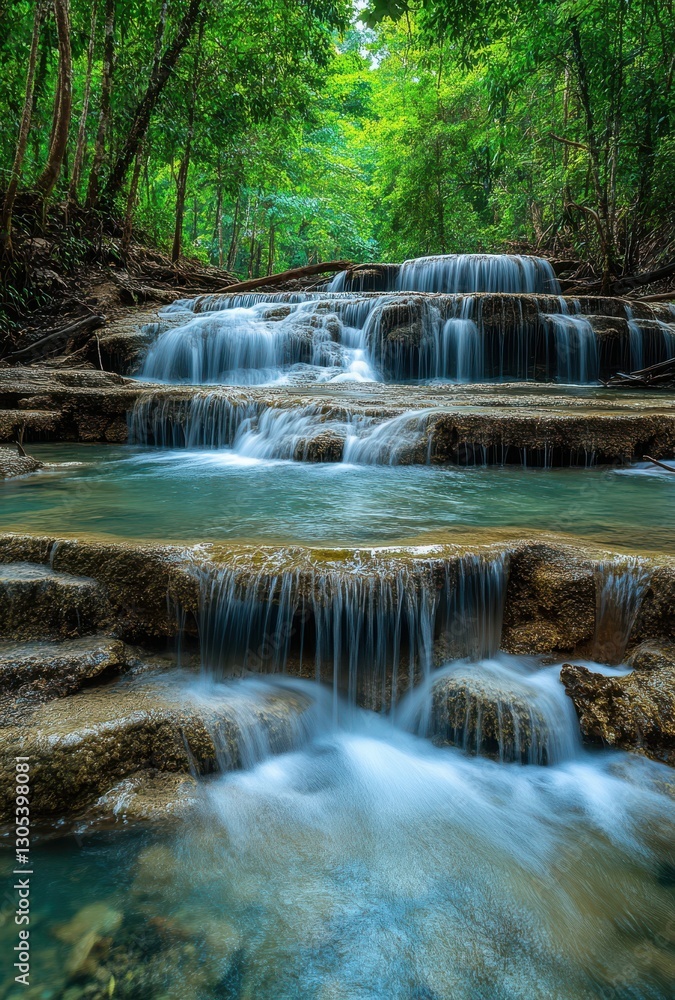Serene Multi-Tiered Waterfall Cascading Over Natural Stone Steps Surrounded by Lush Green Forest in Peaceful Natural Setting Serene Multi-Tiered Waterfall Cascading Over Natural Stone Steps Surrounded by Lush Green Forest in Peaceful Natural Setting