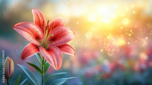 Blooming Lily in Garden Sunset
