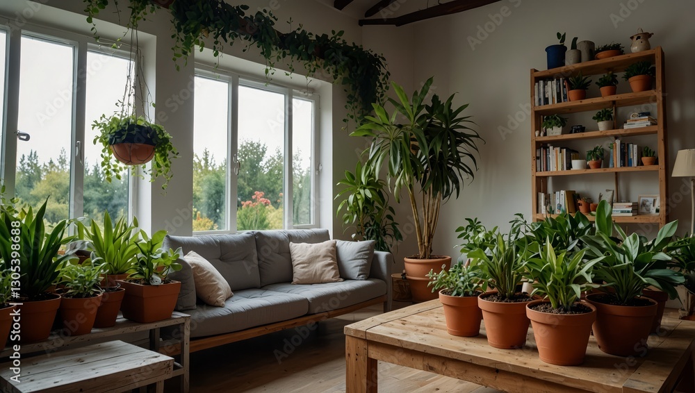Fototapeta premium Stylish composition of home garden interior filled a lot of beautiful plants