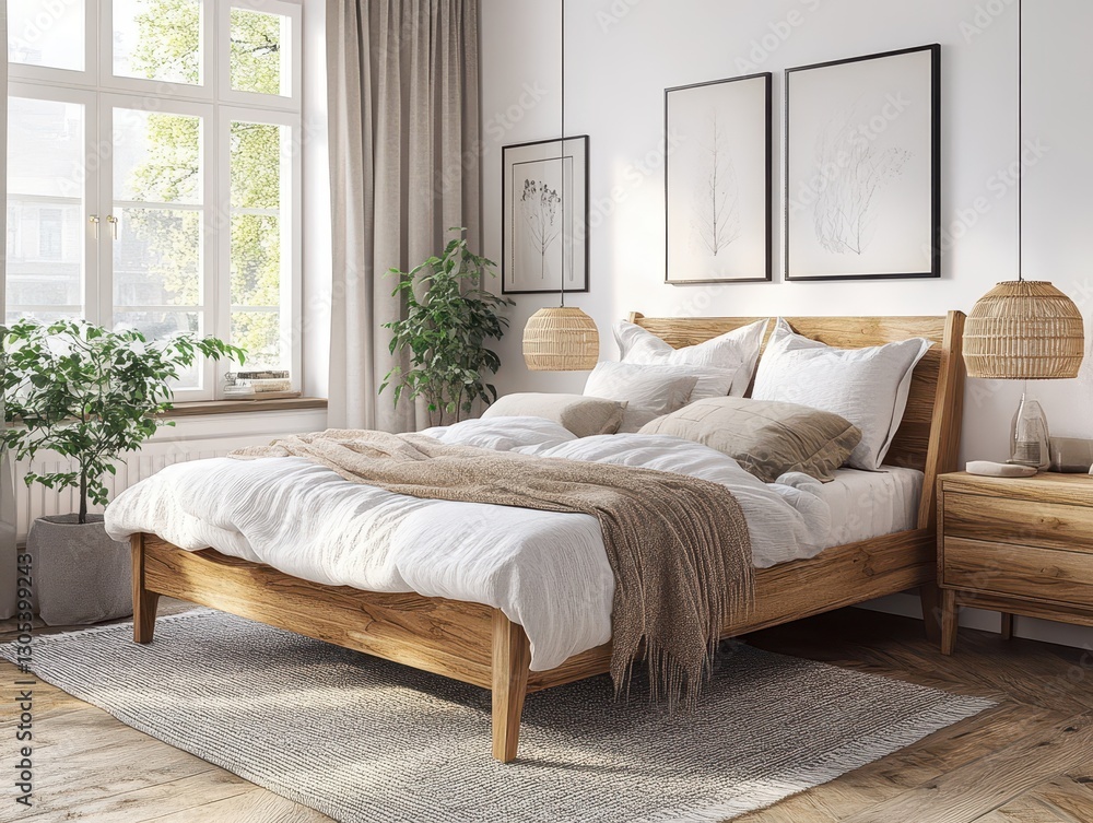 Fototapeta premium A beautifully decorated and furnished bedroom with natural light