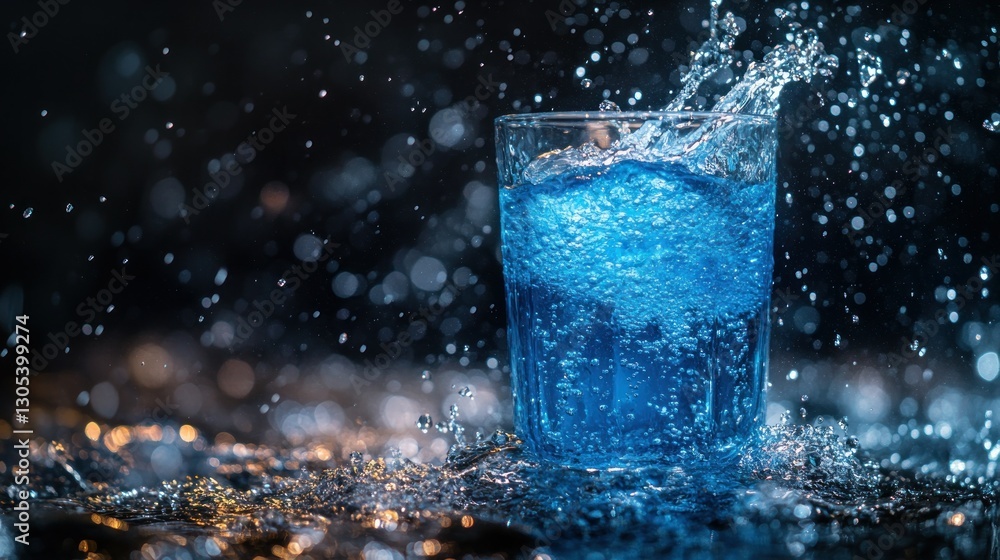 Blue drink splashing in glass on dark surface Blue drink splashing in glass on dark surface