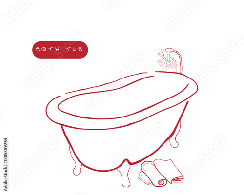 Hand-drawn sketch of old-fashioned bathtub on a white background. Bathroom appliances. Bathroom equipment