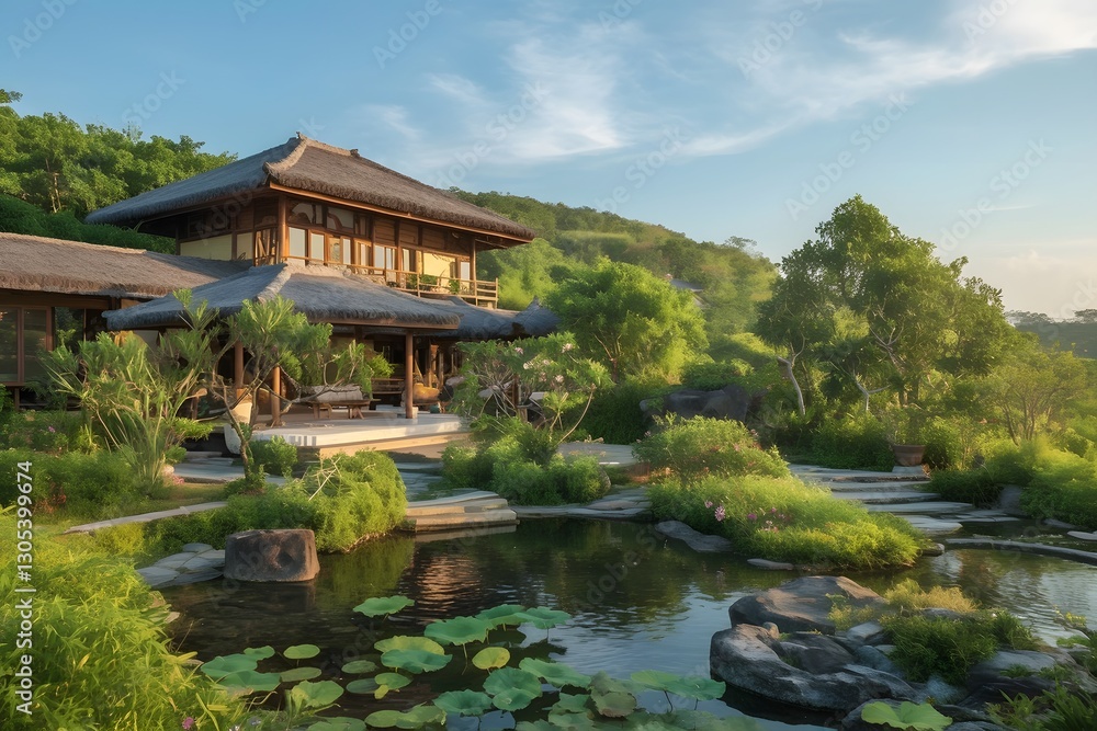 Tranquil Asian style Garden with Pond and Traditional Architecture Tranquil Asian style Garden with Pond and Traditional Architecture