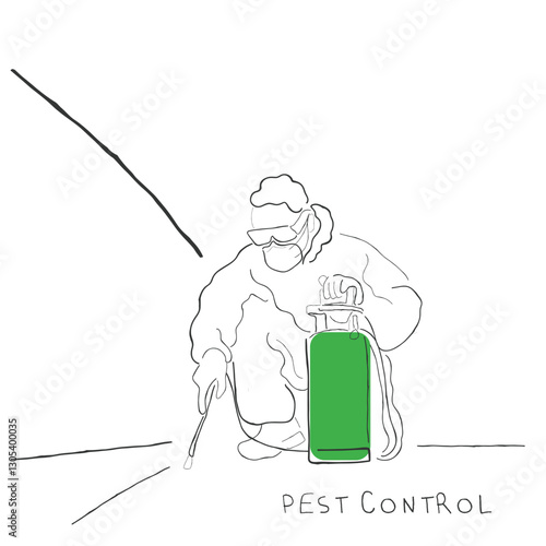 Hand drawn line art vector of a handyman. Pest Control Services poster.Hand drawn line art vector of a Professional Pest Control Exterminator. Pest Control service handyman working to remove cockroach