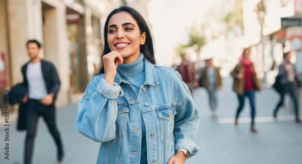 Fototapeta premium Smiling young hispanic female in denim jacket strolling down city street
