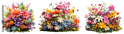 Lush floral arrangements with colorful blossoms and greenery on white background