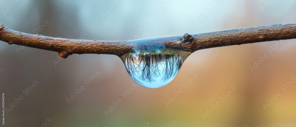 Fototapeta premium Dew drop clinging to twig, reflecting upside-down trees and sky, a tiny world encapsulated in nature's lens.
