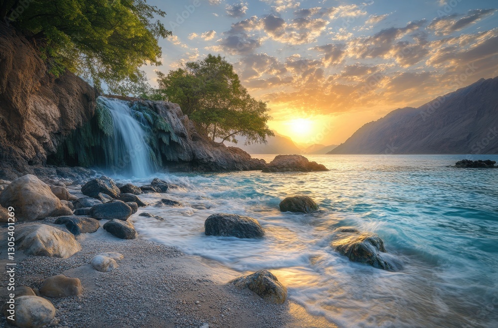 Serene Sunset Over Waterfall and Rocky Shoreline with Gentle Waves and Colorful Sky in Background for Tranquil Nature Scenes and Relaxation Themes Serene Sunset Over Waterfall and Rocky Shoreline with Gentle Waves and Colorful Sky in Background for Tranquil Nature Scenes and Relaxation Themes