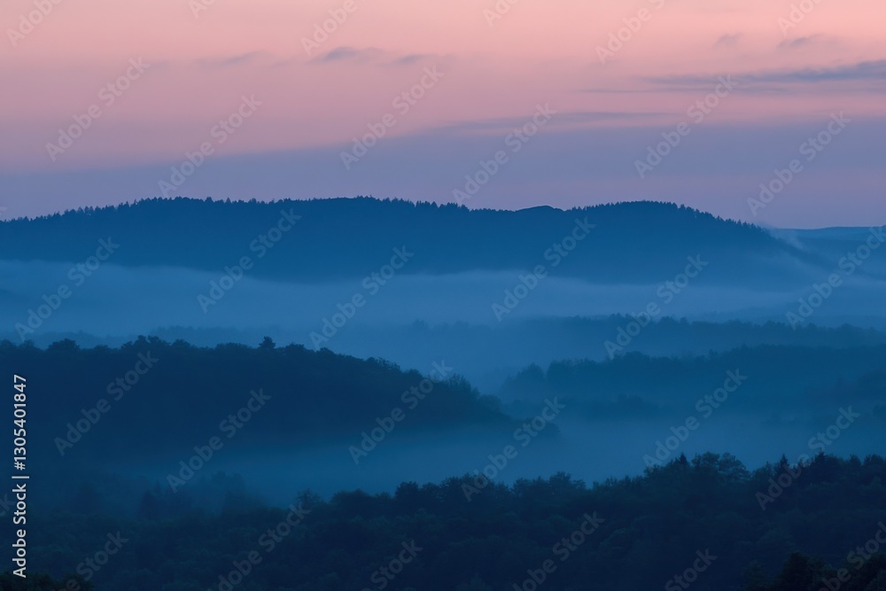 Beautiful, misty valley with forests and mountains at dawn in the Alps, a natural landscape Beautiful, misty valley with forests and mountains at dawn in the Alps, a natural landscape