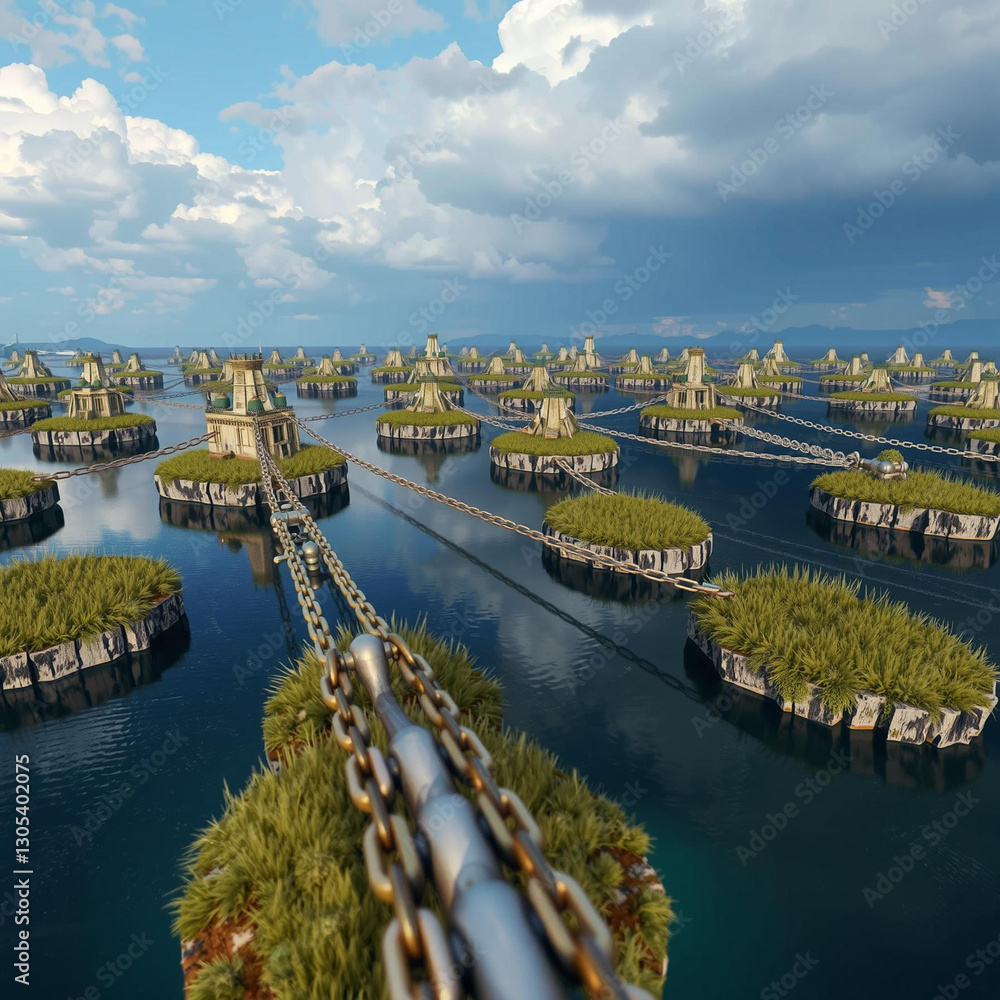 Naklejka premium Floating Agricultural Platforms in a Serene Water Landscape