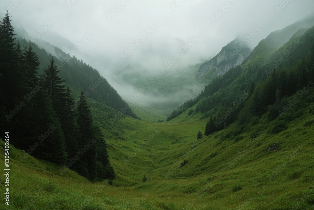 Fototapeta premium Beautiful, misty valley with forests and mountains at dawn in the Alps, a natural landscape
