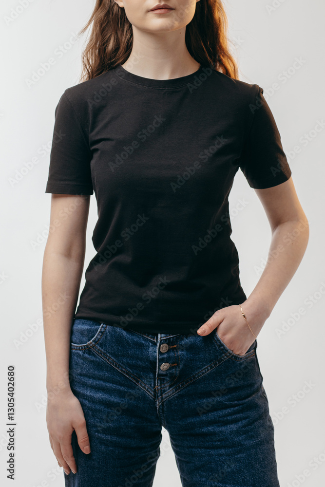 Obraz premium Stylish blonde girl wearing black t-shirt posing in studio