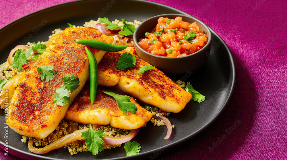 Fototapeta premium Grilled fish filets with quinoa and salsa on a black plate