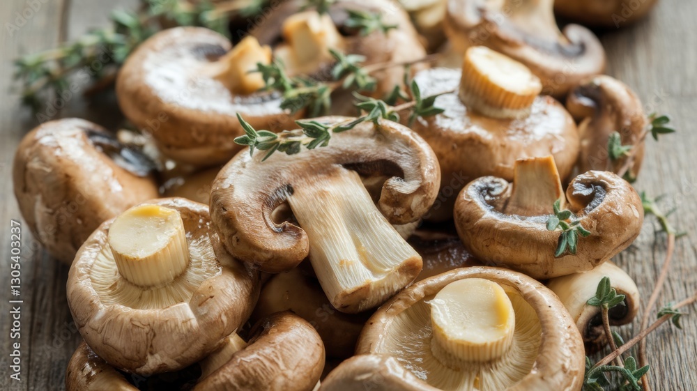 Fried mushrooms with thyme.They are prepared with the addition of butter, garlic and thyme. The background is a wooden surface. There are several sprigs of thyme among the mushrooms. Fried mushrooms with thyme.They are prepared with the addition of butter, garlic and thyme. The background is a wooden surface. There are several sprigs of thyme among the mushrooms.