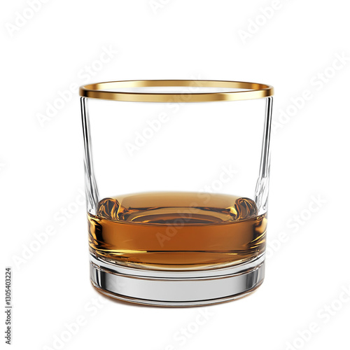 Elegant Crystal Glass with Golden Rim Filled with Amber Liquid, Isolated on White Background for Beverage and Bar Promotions